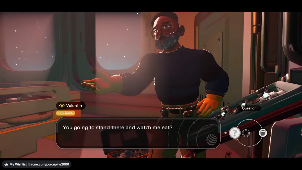 Valentin conversation after the Food exchange with Question highlighted on the response wheel