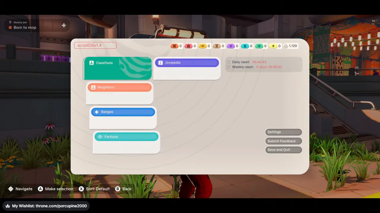 Scroll home screen showing separate Daily reset 09:45:43 and Weekly reset 0 days 01:45:43 labels