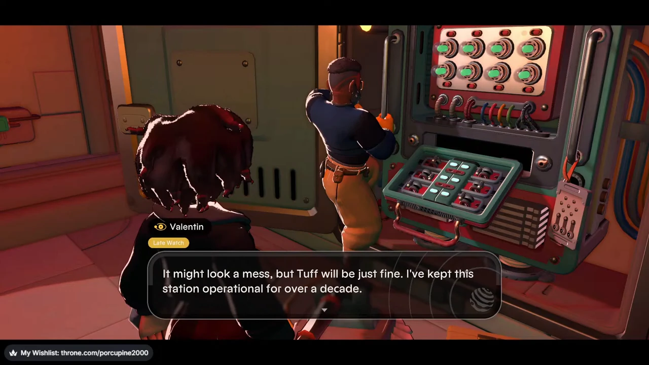 Valentin’s dialogue panel at the same control station after the Laughter choice