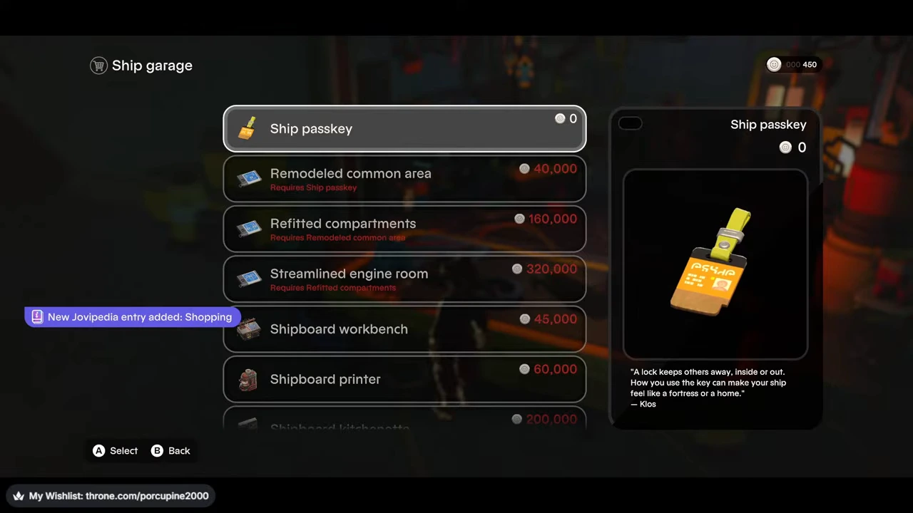 Ship garage menu with the free ship passkey selected and paid upgrades below.