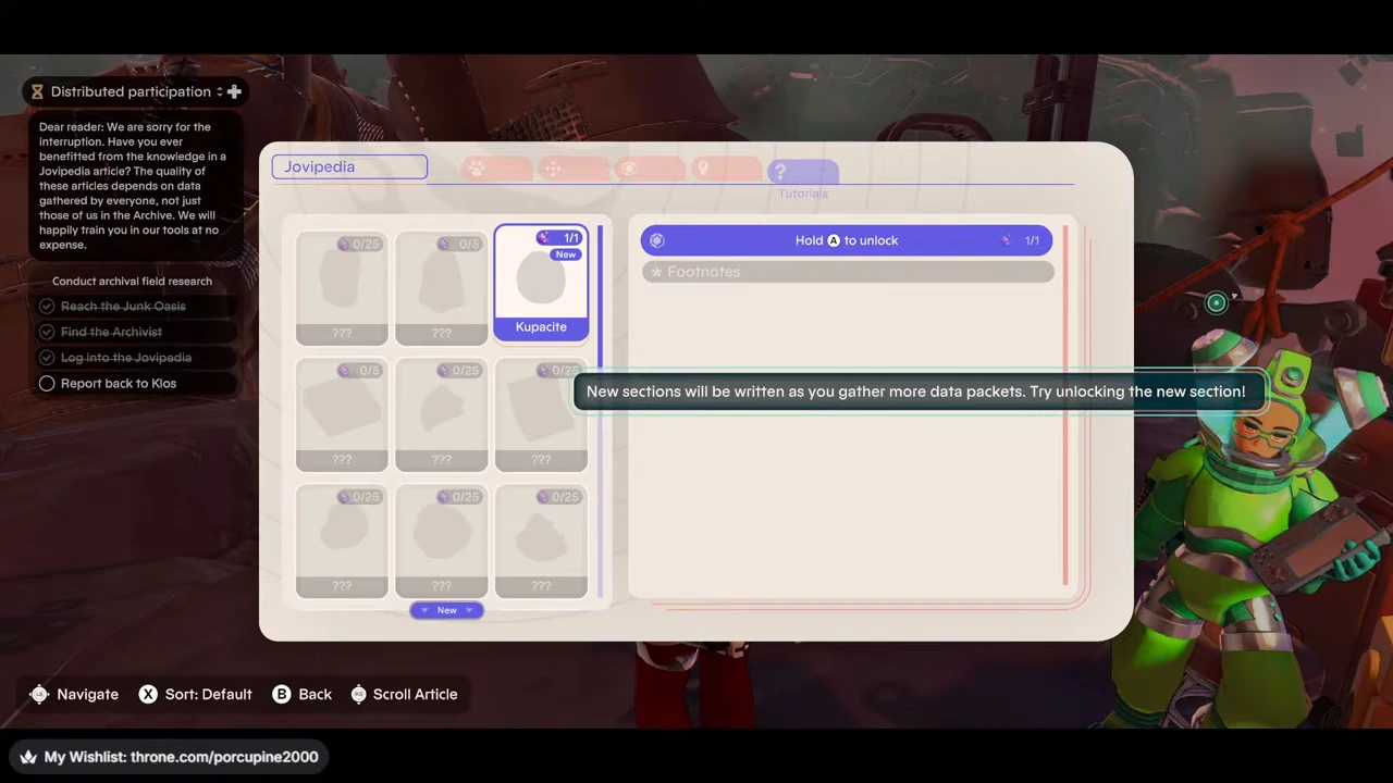Jovipedia tutorial with Kupacite selected and one packet available to unlock the entry.