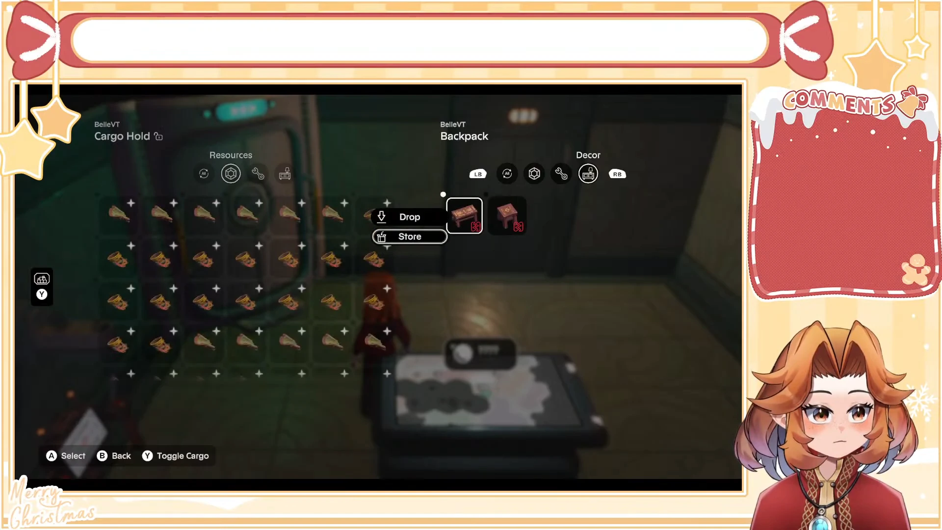 Low brown table selected in Backpack Decor aboard the ship with Store highlighted below Drop