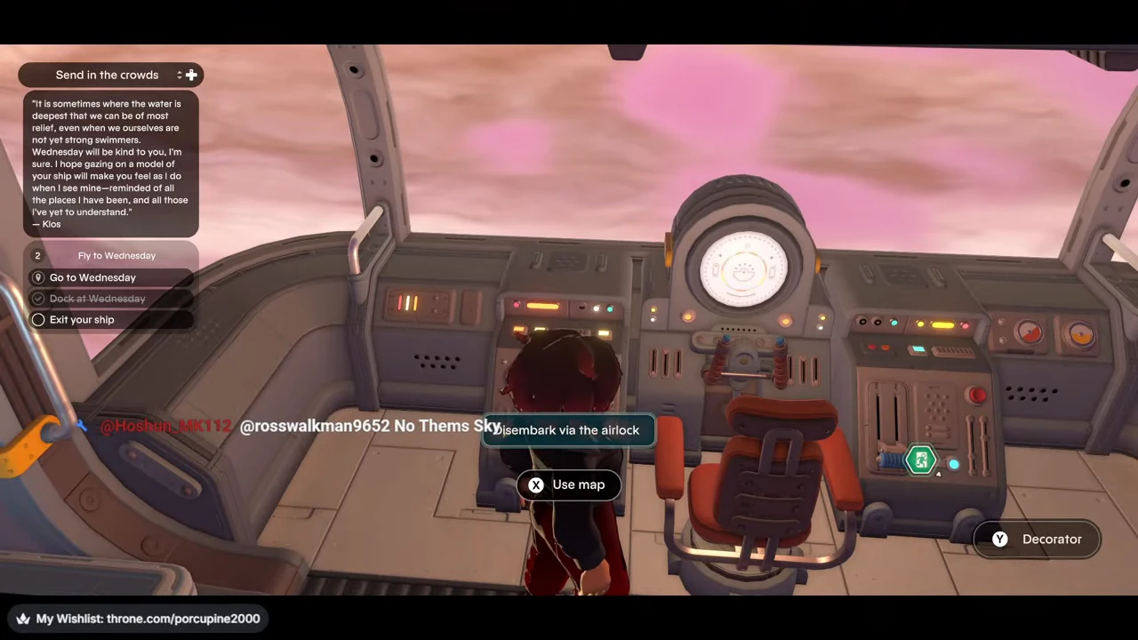 Ship interior with Dock at Wednesday checked and an airlock disembark prompt visible.